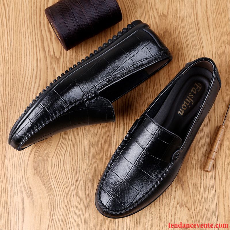 Mocassins Homme Respirant Jeunesse Printemps Cuir Véritable Derbies Décontractée Noir