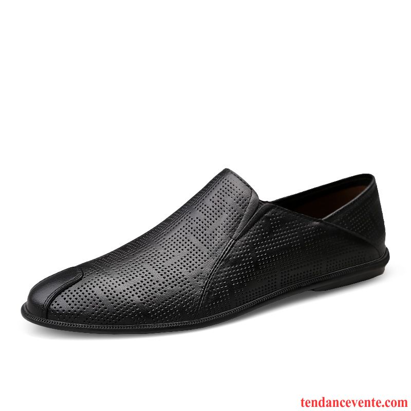 Mocassins Homme Été Légère Derbies Respirant Cuir Véritable Tendance Noir