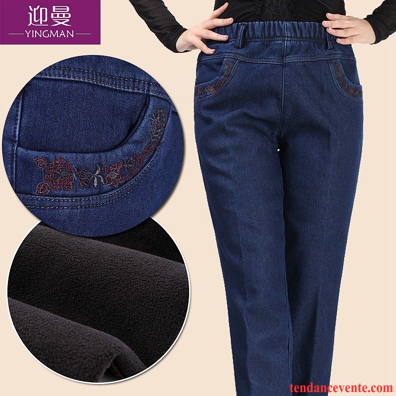 Ou Acheter Des Jeans Pas Cher Élastique Plus De Velours Renforcé Pantalon Matelassé Jambe Droite Femme Hiver Forme Haute Cintrée Bleu