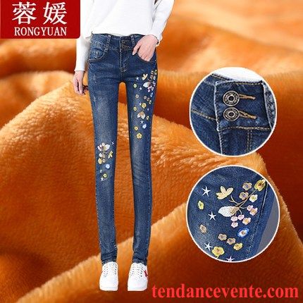 Pantalon Slim Femme Taille Haute Hiver Chauds Tendance Femme Pantalon Plus De Velours Mince Renforcé Forme Haute Cintrée Broderie Pantalons Crayon