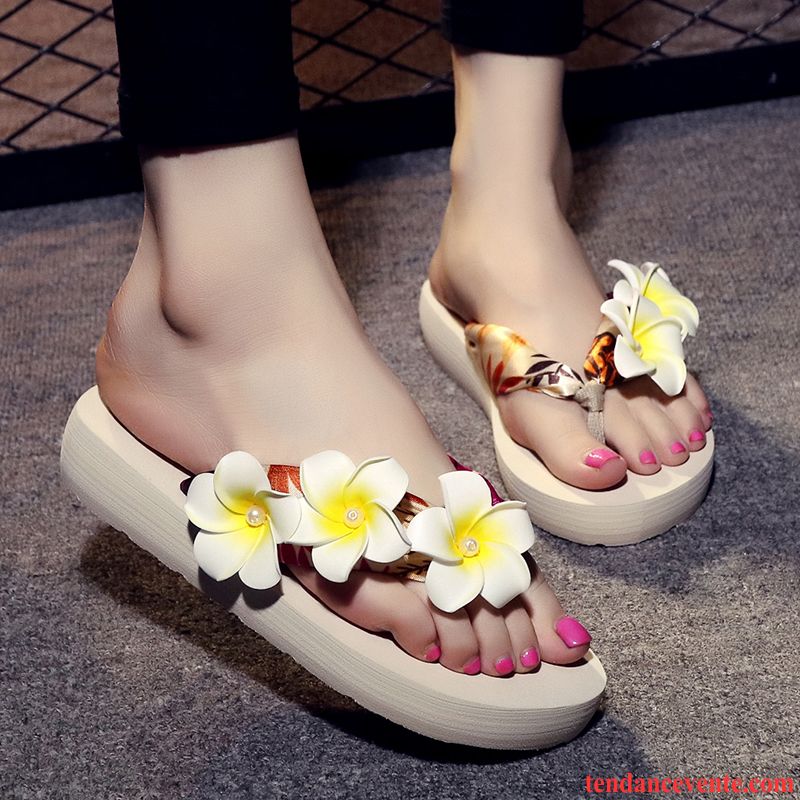 Pantoufle Femme Fantaisie Antidérapant Été Talons Compensés Femme Plage Fleur Semelle Épaisse