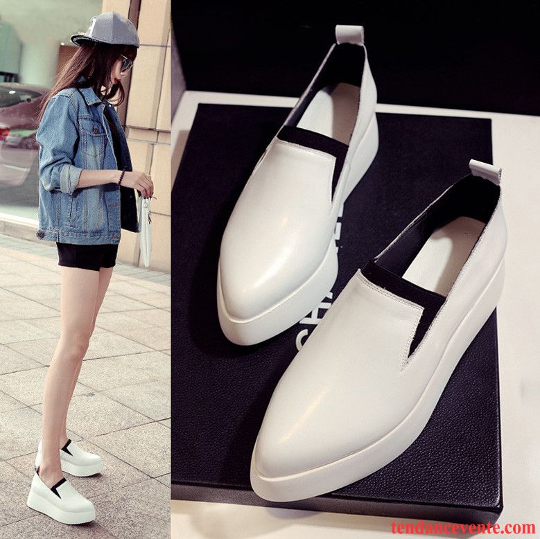 Pantoufle Mocassin Femme Étudiant L'automne Été Femme Paresseux Pointe Pointue Cuir Véritable Blanc Augmenté Derbies Décontractée Saumon