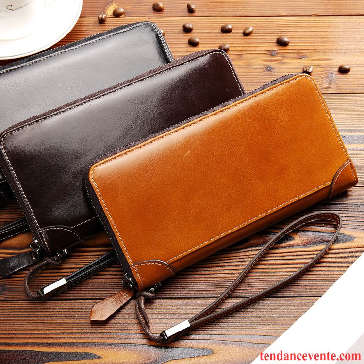 Portefeuille Homme Pochette Longue Section Cuir Véritable Fermeture Éclair Portefeuilles Couche De Tête Brun Clair