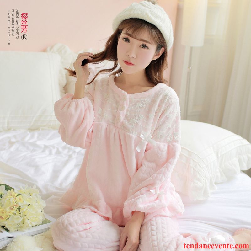 Pyjamas Classe Femme Princesse Femme Hiver Ensemble Longues Dentelle Doux L'automne Lavande