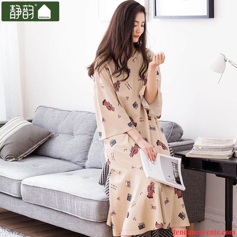 Pyjamas En Velours Rétro L'automne Impression Baggy Coton Bio Dame Décontractée Robe Pas Cher