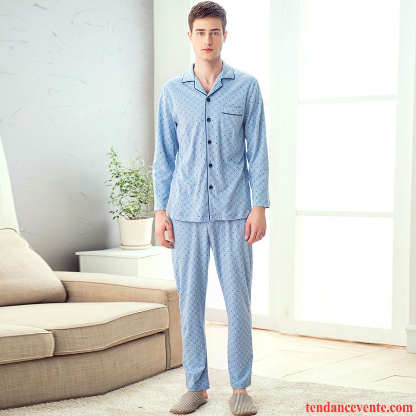 Pyjamas Homme Blanc Printemps Cardigan Impression Homme Pantalon Coton Bio Longues Simple Ensemble L'automne Pas Cher