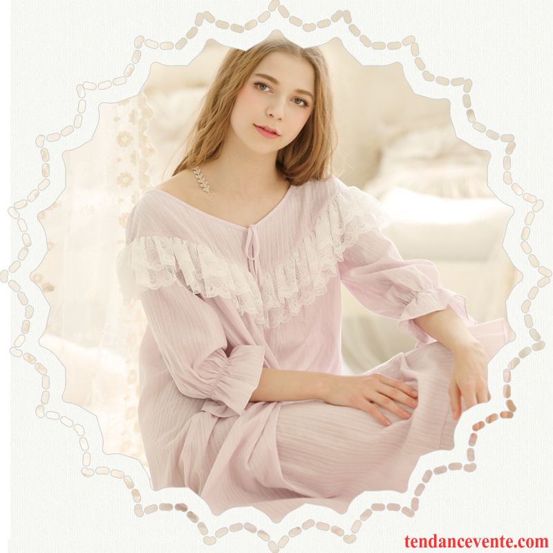 Pyjamas Élégant Femme Dentelle Hiver Femme Longues Princesse Taillissime Printemps Coton Bio Rétro Feuille De Lotus L'automne