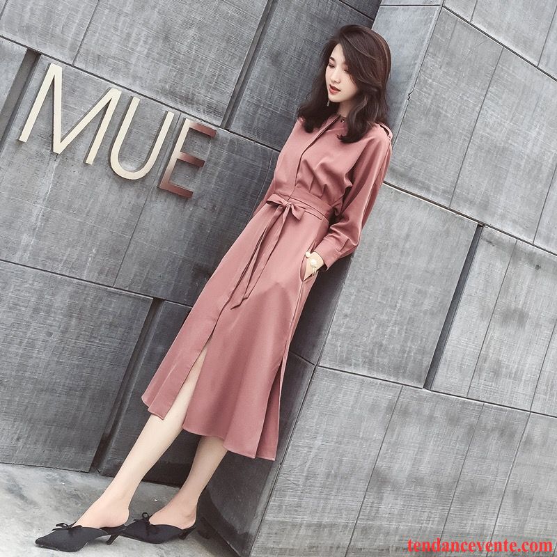 Robe Fluide De Été Robe Mince Laçage Slim Longue Automne Rose Soldes