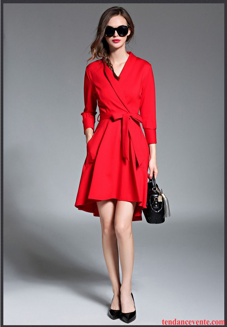 Robe Slim Automne Laçage Col En V Rome Femme Mode Robe Rouge Pas Cher