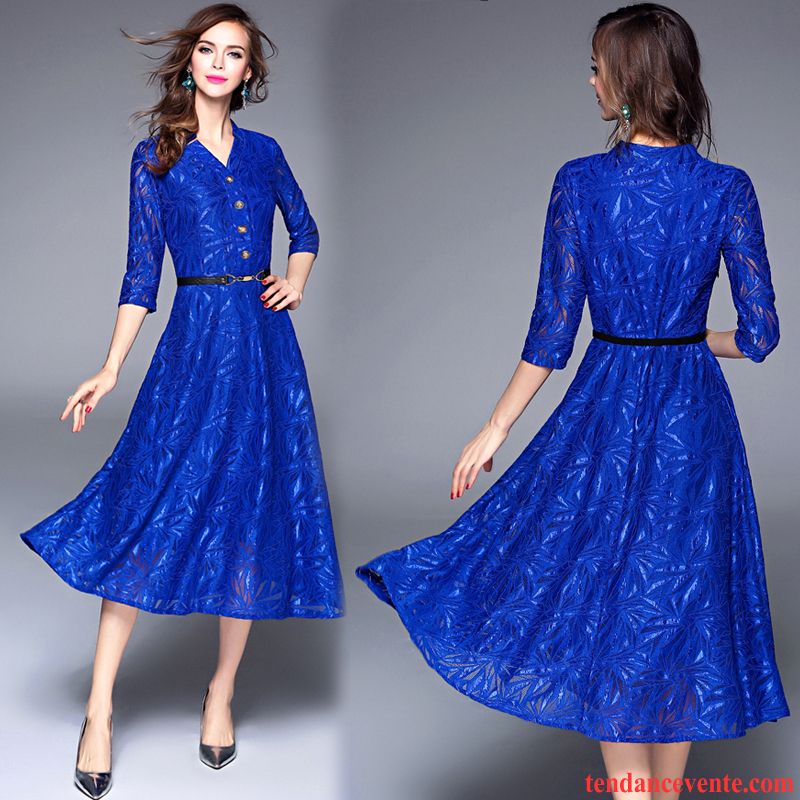 Robe Tempérament Fleur Été Robe Dentelle Longue Femme Bleu Élégant Pas Cher