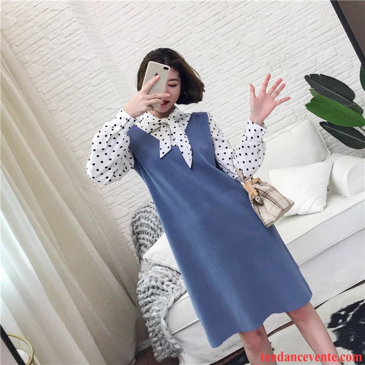 Robes Femme Longue Laçage Épissure Deux-pièces Printemps Points Bleu