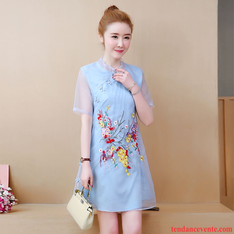 Robes Femme Matelassé Tempérament Robe Chinoise Été Bleu