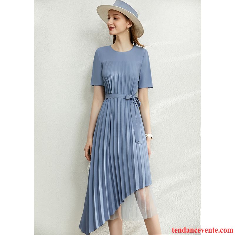 Robes Femme Tempérament Irrégulier Mousseline De Soie Été Nervurées Yarn Net Bleu