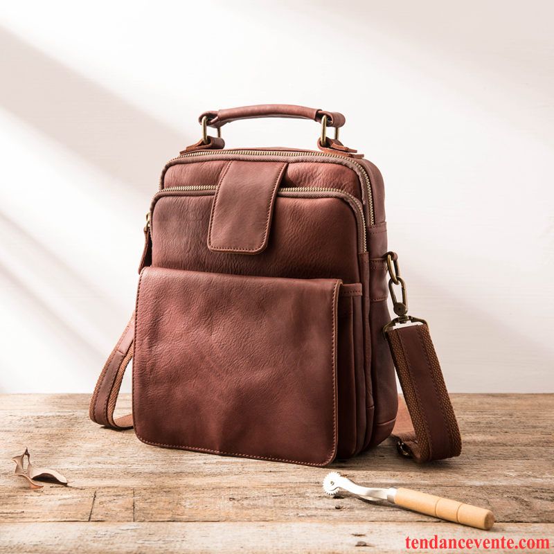 Sac À Bandoulière Homme Cuir De Vache Britanique Sac À Main Rétro Entreprise Cuir Véritable Rouge Brun