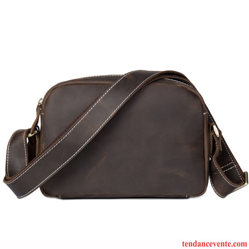 Sac À Bandoulière Homme Cuir Véritable Sac De Messager Manuel Couche De Tête Rétro Simple Marron Foncé