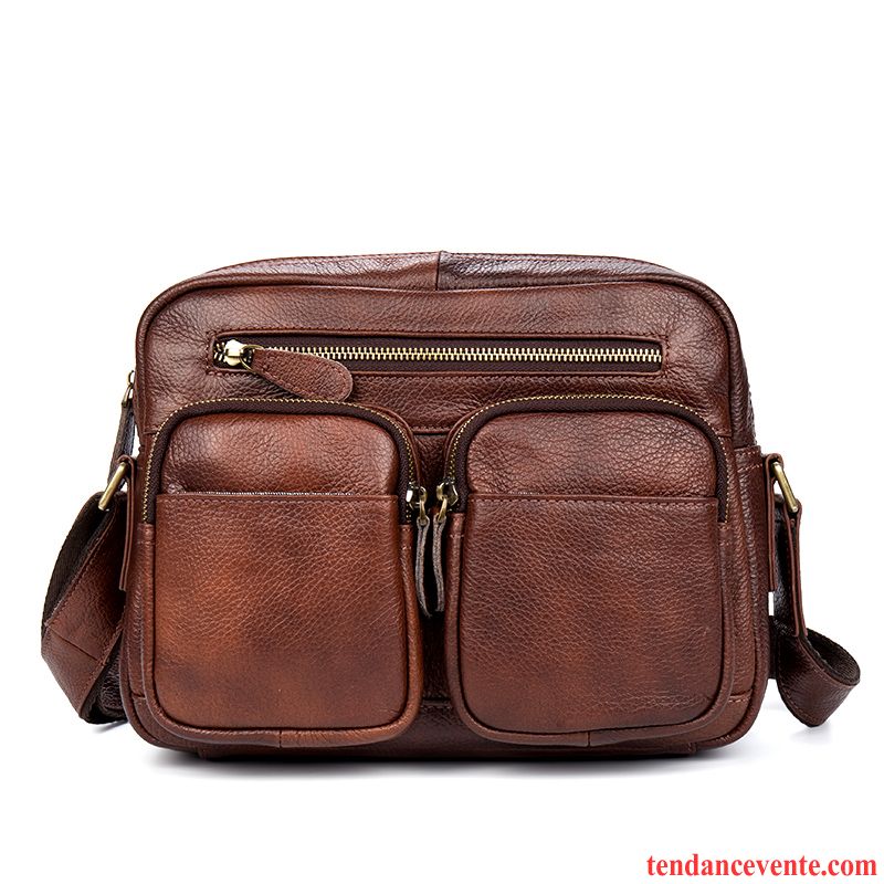 Sac À Bandoulière Homme Loisir Cuir De Vache Sac De Messager Couche De Tête De Plein Air Cuir Véritable Marron