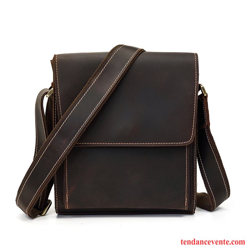 Sac À Bandoulière Homme Rétro Sac De Messager Europe Cuir Véritable Cuir De Vache Couche De Tête Marron Foncé