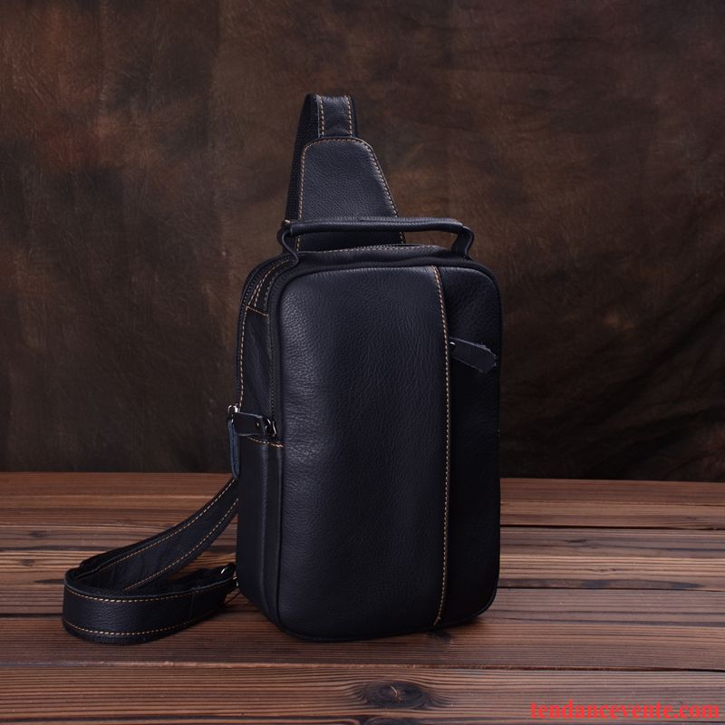 Sac À Bandoulière Homme Sport Sac Poitrine Sac De Messager Cuir De Vache Loisir Cuir Véritable Noir