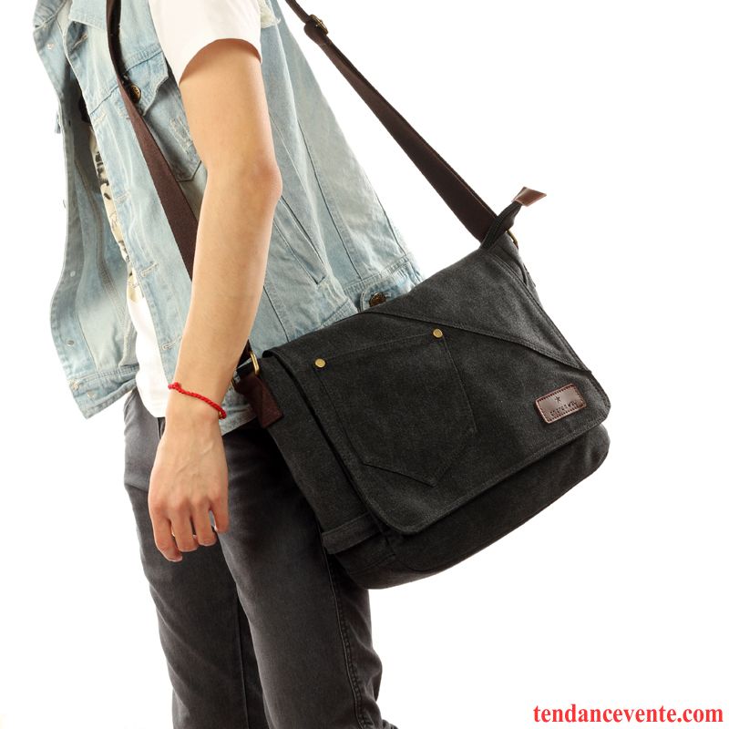 Sac À Bandoulière Homme Tendance Britanique Rétro Loisir Sac Poitrine Toile Noir