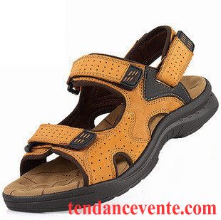 Sandales Cuir Blanc Homme Homme Été Sport Décontractée Chaussons Respirant En Cuir Plage Ambre