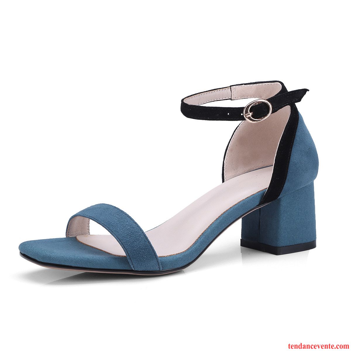 Sandales Femme Escarpins Été Épais Cuir Véritable Couleurs Mixtes Bleu