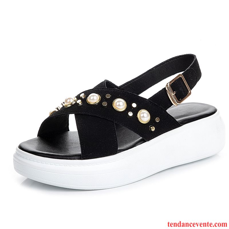 Sandales Femme Super Star Semelle Épaisse Tous Les Assortis Décontractée Cuir Véritable Noir