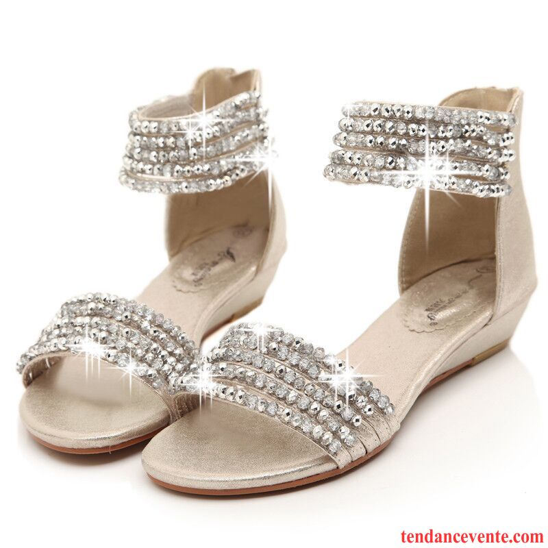 Sandales Femme Talons Compensés Été Imitation Strass Fermeture Éclair Argent