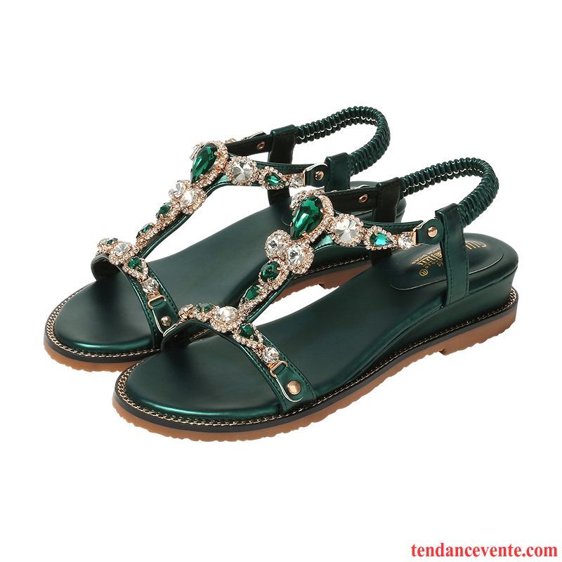 Sandales Femme Tendance Talons Compensés Antidérapant Imitation Strass Dame Rome Vert