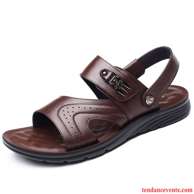 Sandales Homme Antidérapant Cuir Véritable Plage Chaussons Semelle Doux Dessus Cuir Brun