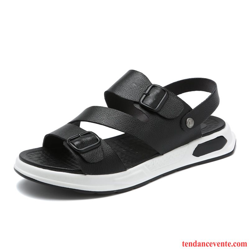 Sandales Homme De Plein Air Cuir Véritable Jeunesse Tendance Décontractée Plage Noir