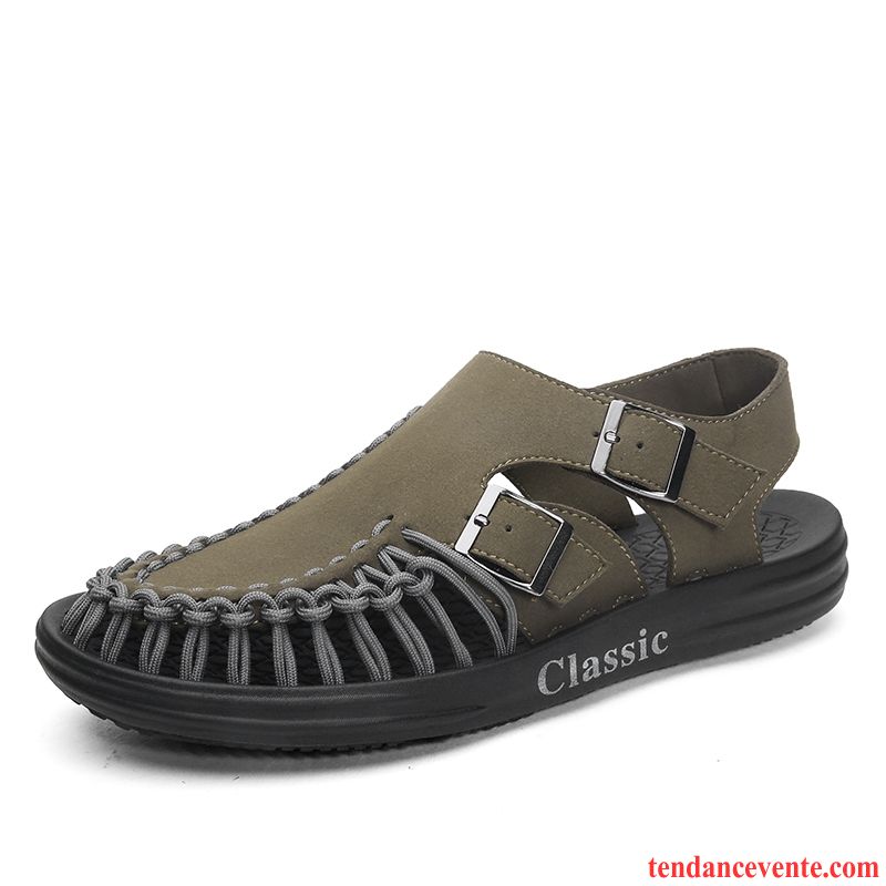 Sandales Homme En Cuir Chaussons Creux Guipure Été Slip-on Paresseux Vert