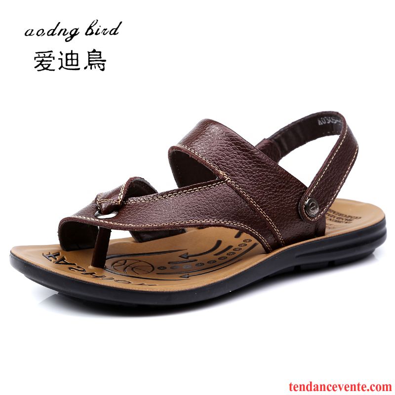 Sandales Homme En Cuir Cuir Véritable Tendance Homme Été Plage Chaussons Pas Cher