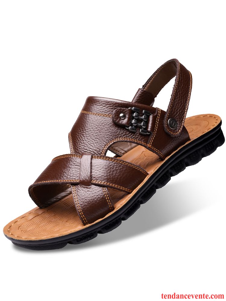 Sandales Homme En Cuir Plage Tendance Été Cuir Véritable Taillissime Marron