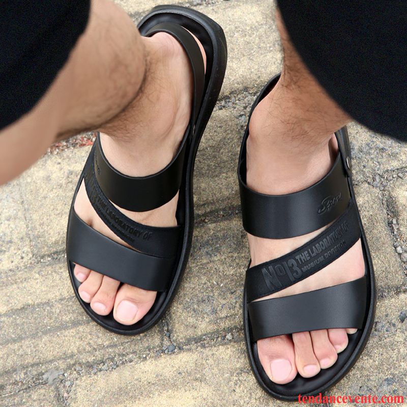 Sandales Homme Plage Décontractée Cuir Véritable Été Noir Brun