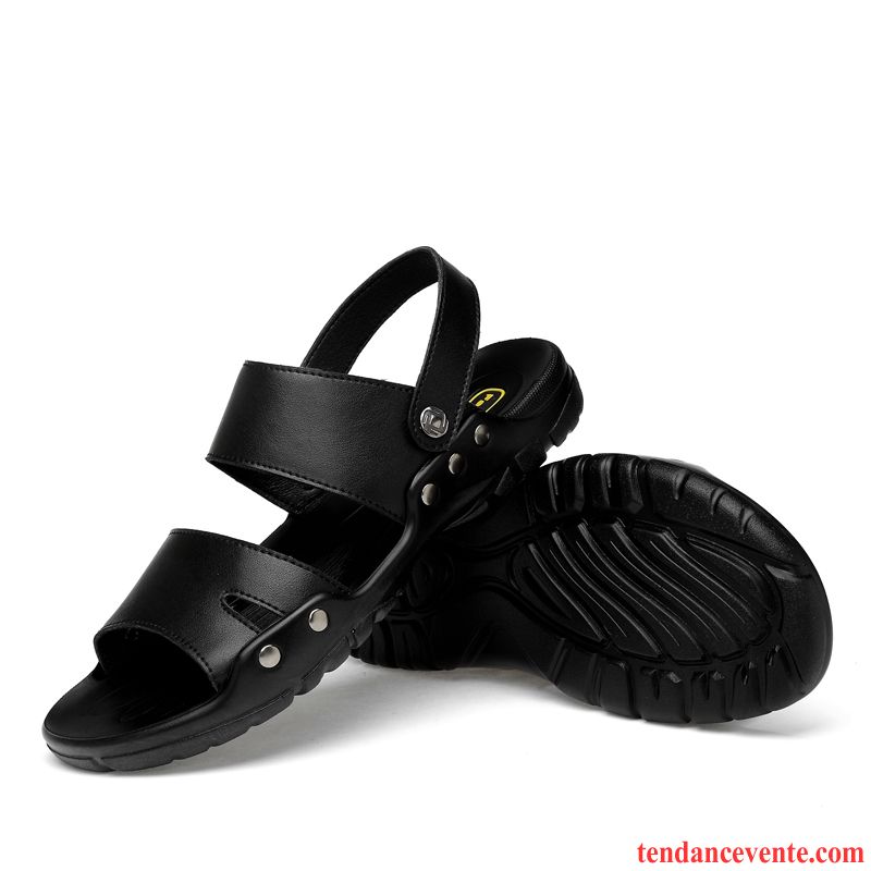 Sandales Homme Taillissime Gros Cuir Véritable Chaussons Plage Noir