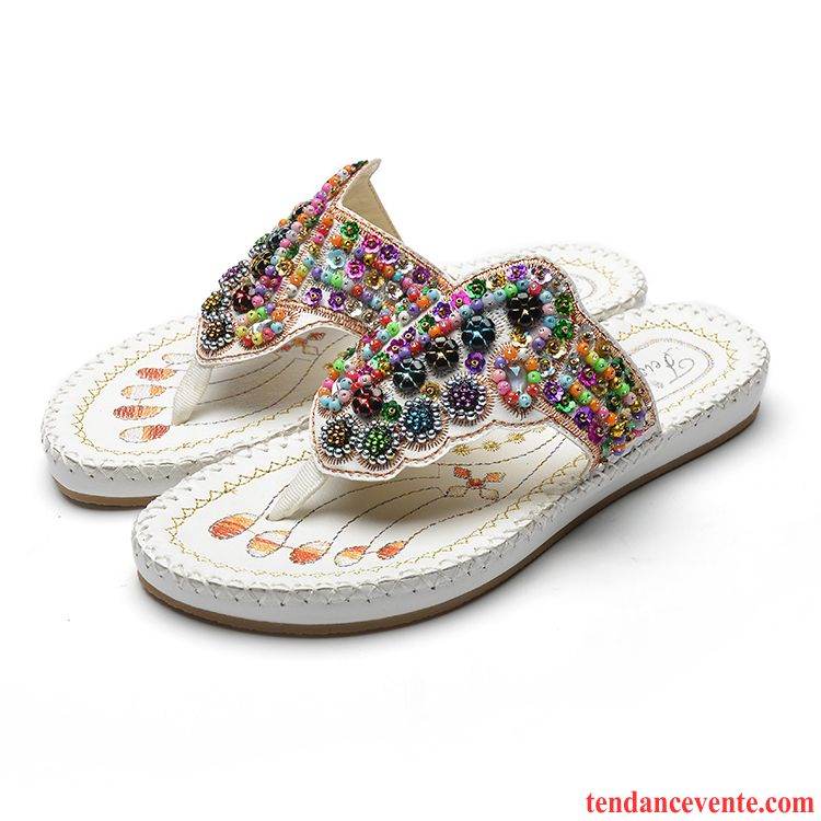 Sandales Leopard Femme Imitation Strass Style National Vacances Plates Femme Chaussons Été Plage Violet