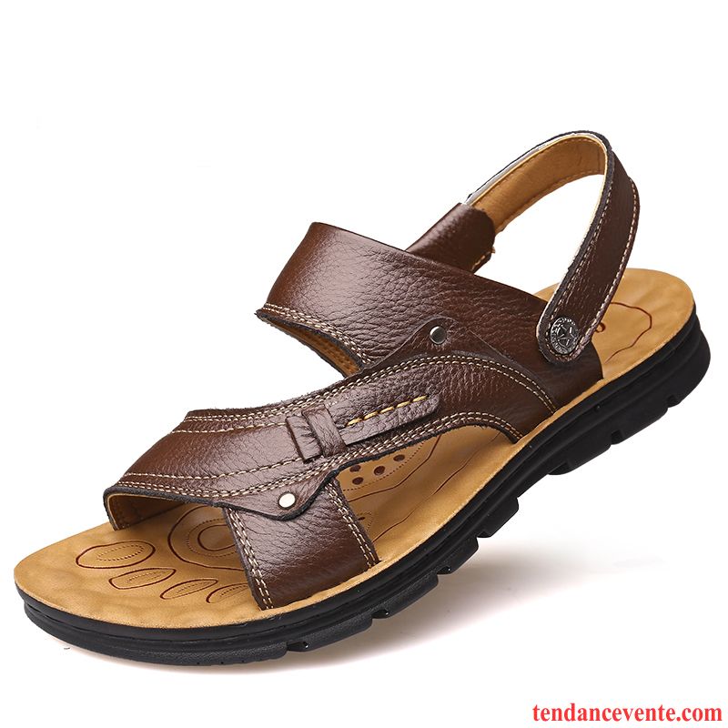 Sandales Pour Homme Semelle Épaisse Homme Antidérapant Cuir Plage Cuir Véritable Décontractée Chaussons Été Marron