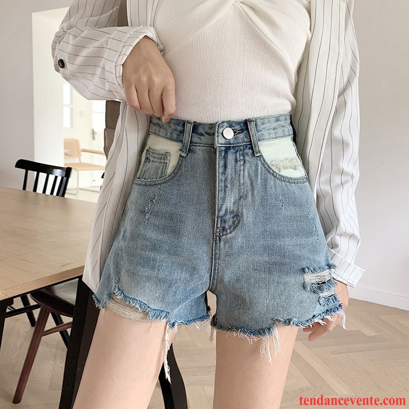 Shorts Femme A Lettre Baggy Tendance Forme Haute Cintrée Des Trous Dans Les Jeans Pantalon Chaud Bleu