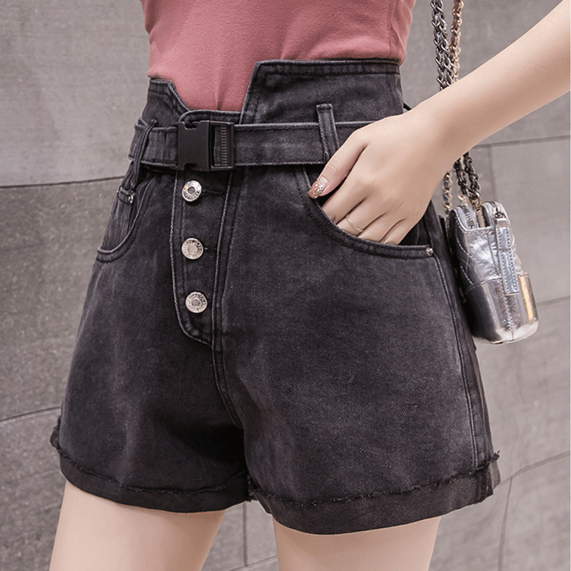 Shorts Femme A Lettre Shorti Jeans Forme Haute Cintrée Ceinture Mince Noir