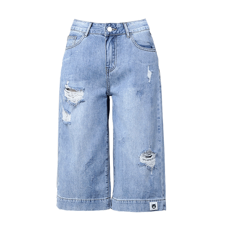 Shorts Femme Baggy Forme Haute Cintrée A Lettre Légère Troués Shorti Bleu