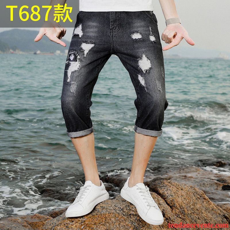 Shorts Homme Légère Tendance Été Pantalons Coupés Troués Shorti Noir