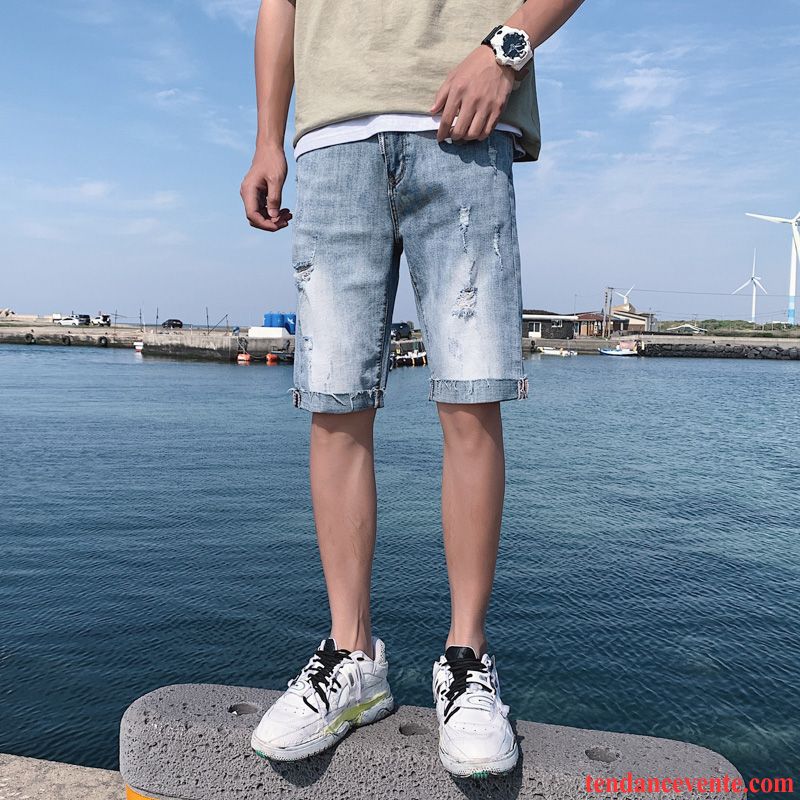 Shorts Homme Shorti Troués Légère Été Étudiant Décontractée Bleu