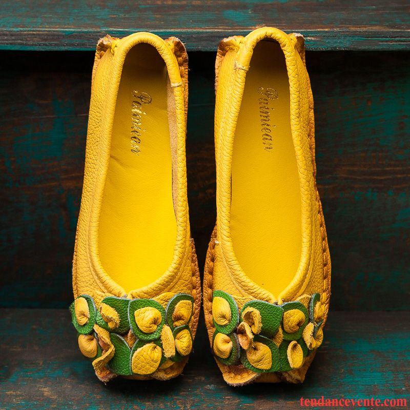 Soldes Mocassins Femme Flats Jaune Bout Rond Femme Style National Semelle Doux Cuir Véritable Confortable Fleurs Derbies