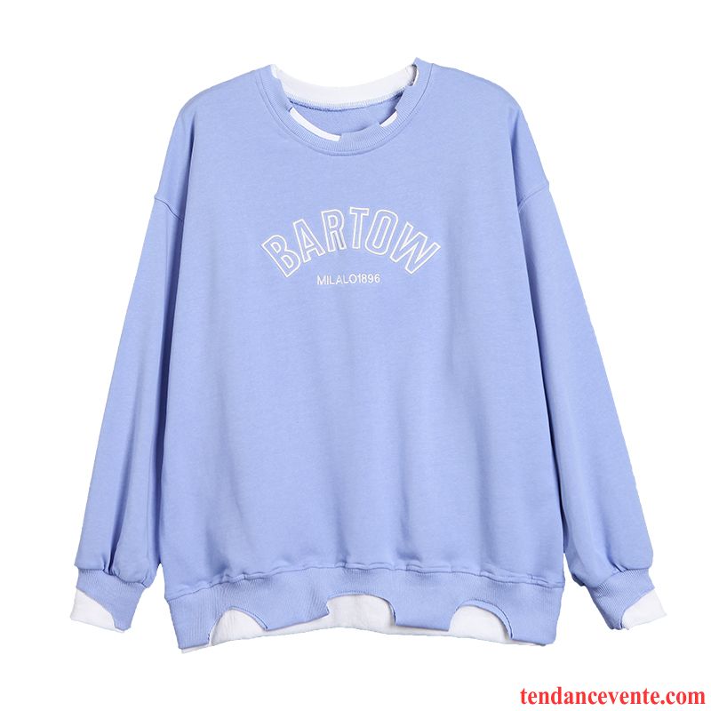 Sweat À Capuche Femme Deux-pièces Printemps Hoodies Col Rond Baggy Tendance Bleu