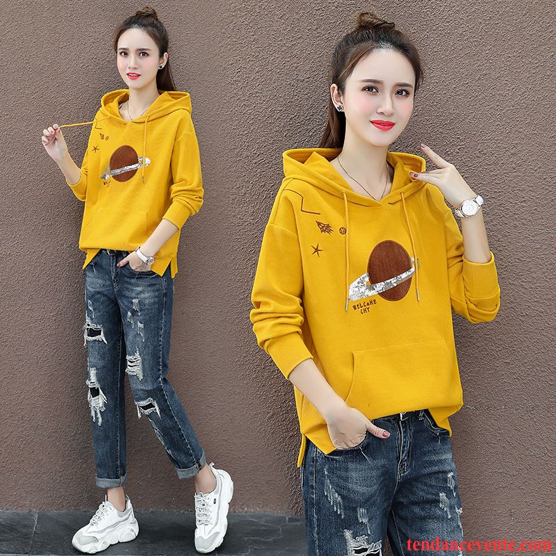 Sweat À Capuche Femme Longues Légère Printemps Baggy Hoodies Tendance Impression Jaune