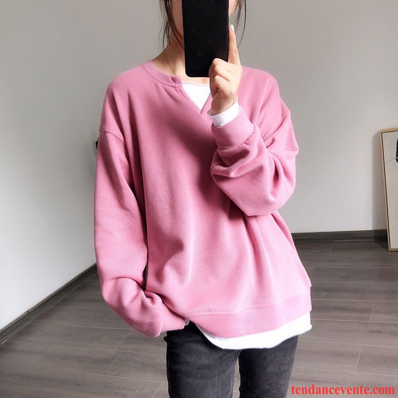 Sweat À Capuche Femme Longues Épissure Hiver Col Rond Baggy Une Veste Rose