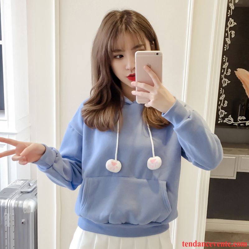 Sweat À Capuche Femme Plus De Velours Hoodies Tendance Pullovers Pardessus L'automne Bleu Clair