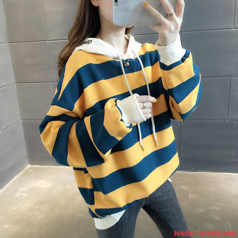 Sweat À Capuche Femme Tendance Rayé Printemps Mode Hoodies Pardessus Bleu