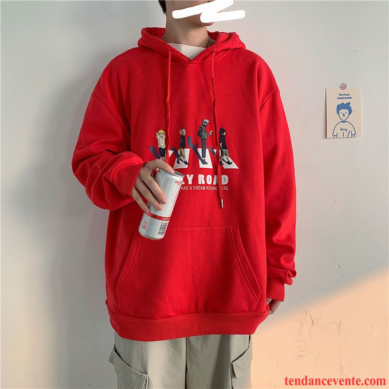 Sweat À Capuche Homme Hoodies Plus De Velours Baggy Tendance Renforcé Dessin Animé Impression Rouge