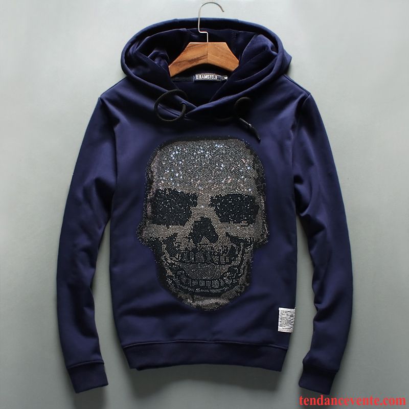 Sweat À Capuche Homme L'automne Personnalité Hiver Hoodies Plus De Velours Pullovers Bleu Marin